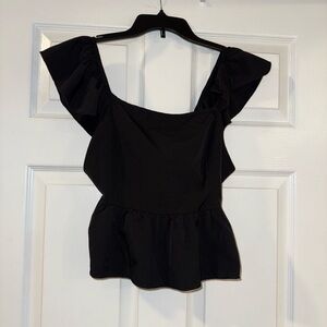 SHEIN Black Flutter Sleeve Peplum Blouse Open Back - Size L 🖤
